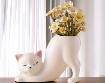 Vase en forme de chat | Adorable pot de fleur chat | Vase moderne | Cache-pot | Vase en résine | Décoration d'intérieur | Décoration de salon | Vase blanc