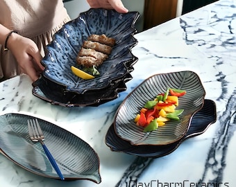 Japanischer Stil Blatt Platte | Unregelmäßiges Design | Sushi-Teller | Steakteller | Haushalt Geschirr | Hotel Geschirr | Keramik Dekoschale