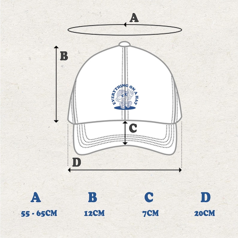 May include: White baseball cap with a blue embroidered design that says "Everything on a hat". The cap has a size range of 55-65 cm, a brim width of 7 cm, a crown height of 12 cm, and a bill length of 20 cm.