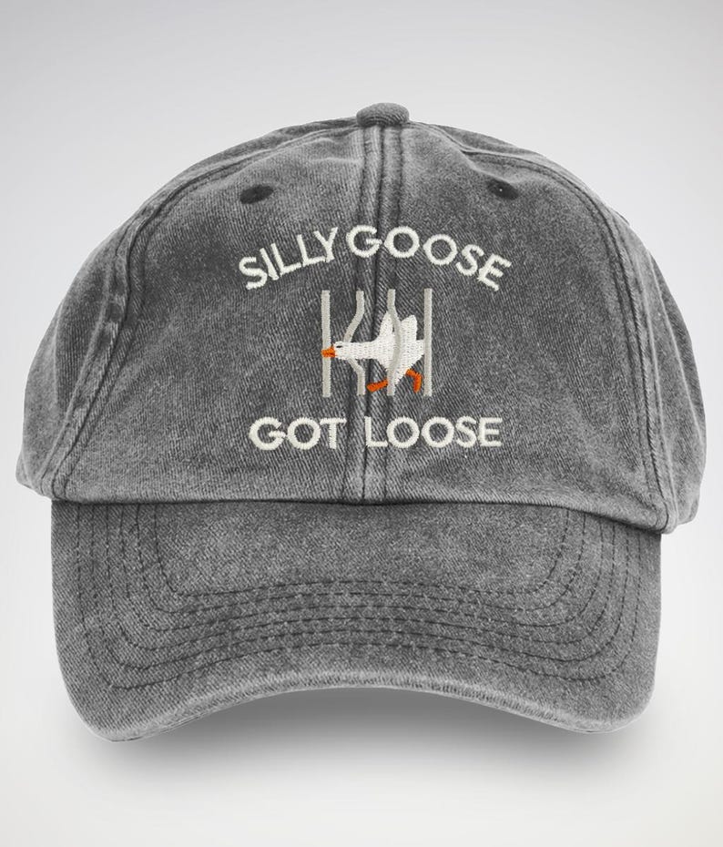 May include: A black distressed baseball cap with white embroidery that reads "Silly Goose Got Loose". The embroidery also includes a cartoon image of a white goose escaping from a fence.