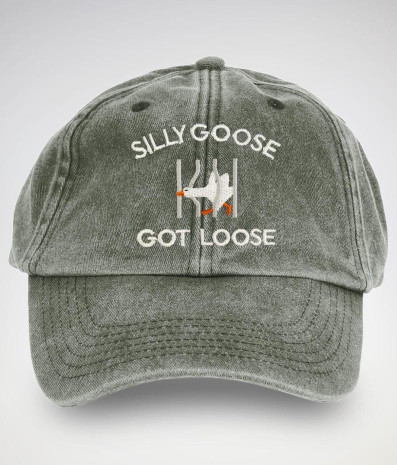 May include: A dark green, distressed, baseball cap with white embroidery that reads "Silly Goose Got Loose". The embroidery also includes a cartoon image of a white goose escaping from a cage.