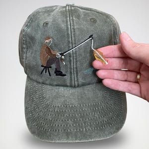 Embroidered Fisherman Hat with Pull-Up Glass Fish | Man Fishing Hat | Gift for Anglers | Interactive Fishing Cap | Unique Gift for Anglers||