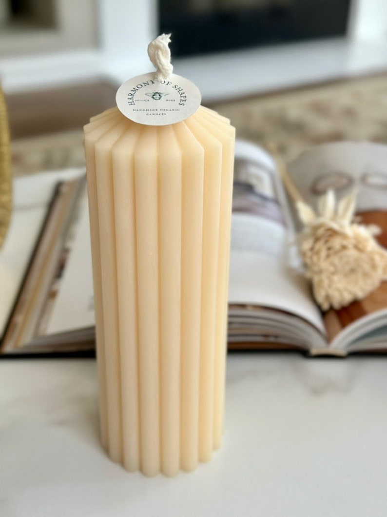 Huge Pillar Ribbed Candle, Organic Tall Pillar Candle, Large Striped ...