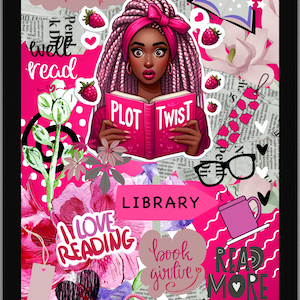 May include: A digital illustration of a woman with pink braids holding a book that says "PLOT TWIST" on the cover. The background is a collage of pink and white flowers, hearts, stars, and text that says "bookaholic", "well read", "LIBRARY", "I LOVE READING", "book girl", and "READ MORE BOOKS".