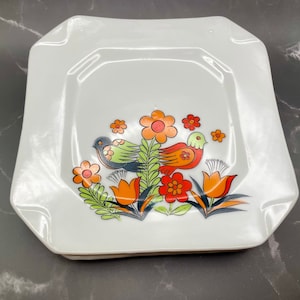 Retro Dessertteller in leuchtendem Orange und Grün im Achteck mit Vogel- und Blumenmotiv, 2er-Set