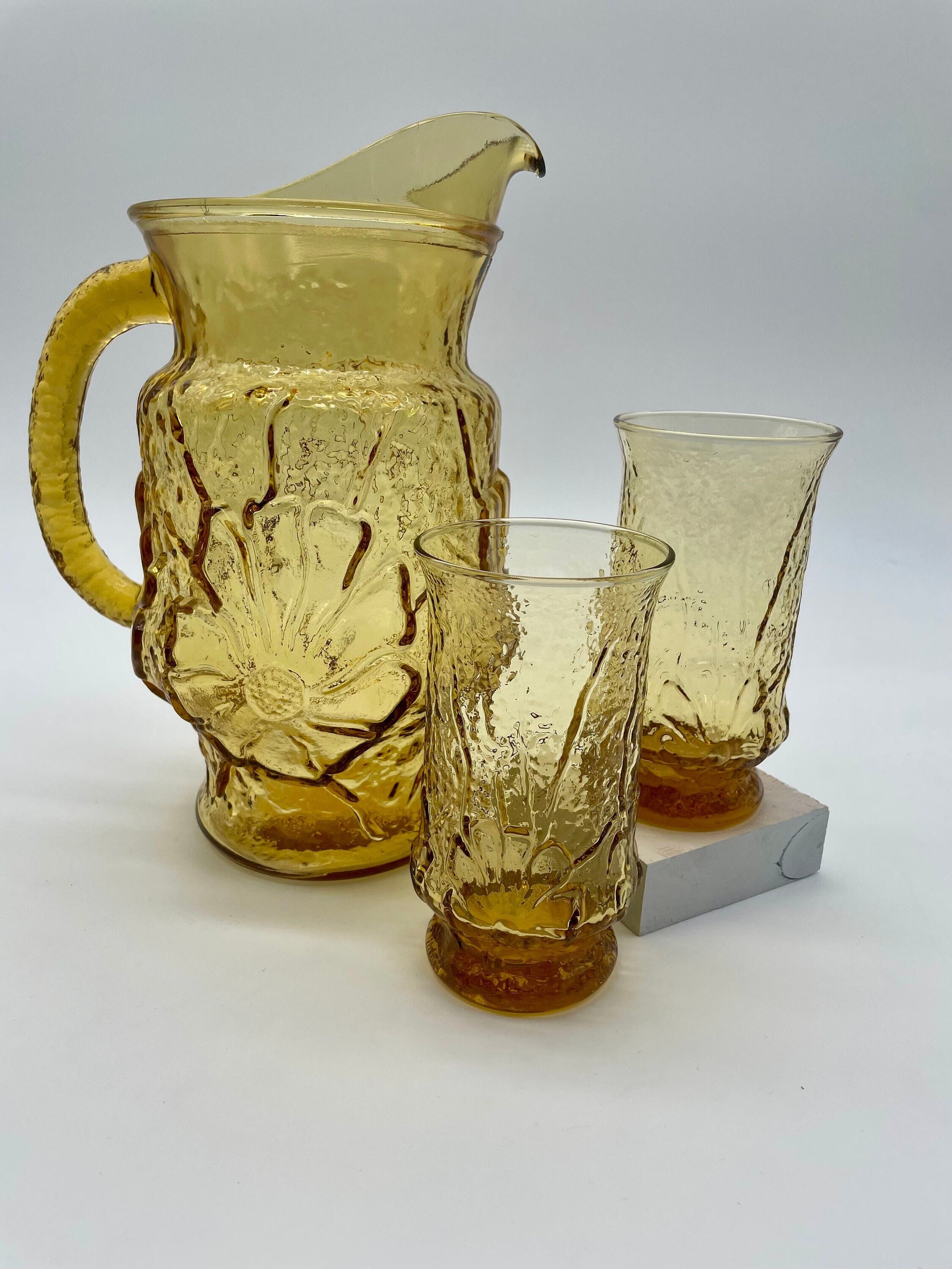 Retro Anchor Hocking Amber Yellow Rainflower Pitcher and Glasses