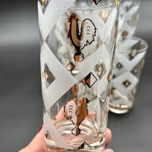 RARE! Vintage Fred Press Black and Gold Diamond Rooster Cocktail Glasses, Set of Eight