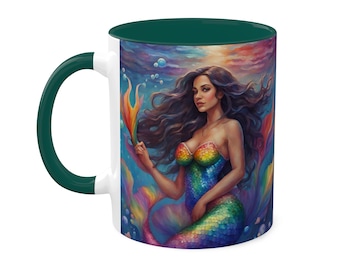 Mermaid Pride Rainbow Aesthetic Inspired Ceramic 110z Coffee Mug. Mermaid Graphic Design Rainbow artwork aesthetic mermaid mug