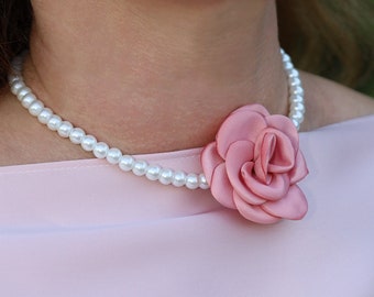 Luxury Pearl Rose Choker - Handmade Satin Flower Necklace  display picture 2