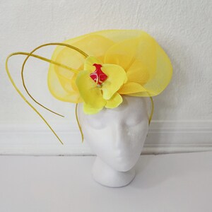Yellow Orchid Fascinator Kentucky Derby Mesh Hatinator Wedding Party Yellow Hat Veil High Tea Hat Yellow Flower Garden Party Fascinator