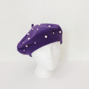 Purple Beret With Pearls White Pearls Beret Perl Embellished Hat Wool Beret Warm Hat French Beret Purple Hat Pearl Beaded Beret Casual