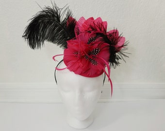 Fuchsia and Black Feathers Kentucky Derby Fascinator Hot  display picture 3