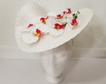 Bright White Kentucky derby Hat Pink Orchids Hatinator Luncheon Flowers Hat Wedding Guest Party White Hat Pink Flowers Fascinator Church Hat