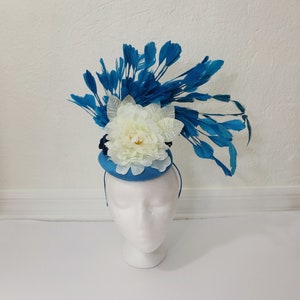 Kentucky Derby Flowerers Feathers Fascinator Blue White Hat For Wedding Party Garden Party Fascinator For Church High Tea Fascinator Blue