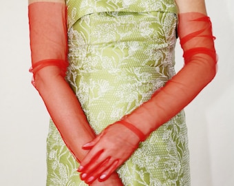 Red Long Sheer Tulle Gloves Ultra Thin Stretchy Full Finger