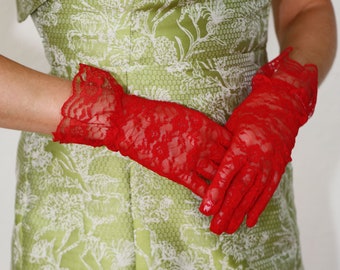 Red Lace Ruffle Gloves Short Glovettes Wrist Length Floral Opera Gloves