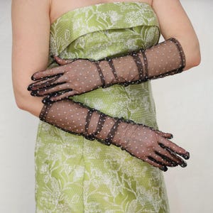 Black Long Polka Dot Gloves Opera Sheer Gloves Tulle Polka Dot Gloves White Party Mesh Lace Gloves Evening Dress Wedding Formal Ball Prom