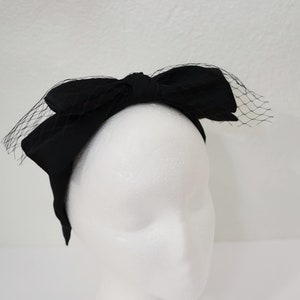 Black Satin Bow Headband with Birdcage Veil