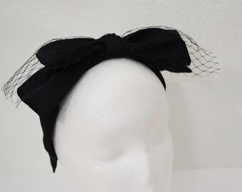 Black Satin Bow Headband with Birdcage Veil