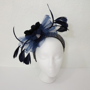 Navy Blue Beaded Headband Dark Blue Feathers Headpiece Crystals Gala Navy Blue Prom Headpiece Opera Evening Headband Big Bow Dark Blue