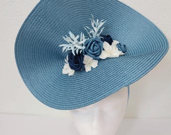 Light Blue Kentucky Derby Fascinator Denim Blue Wedding Guest Hat White Flower Tea Party Headpiece
