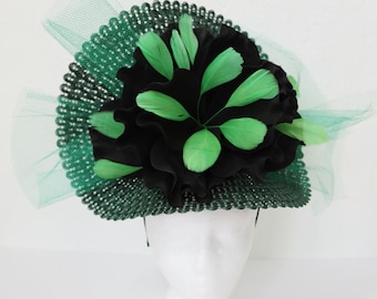 Green Kentucky Derby Fascinator: Black Flower, Feathers, Tulle Hat