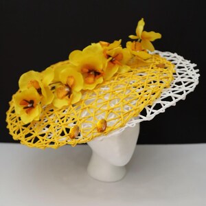 Yellow Hatinator Wedding Guest Party Orchid Flower Hat Garden Party White Fascinator Church Yellow Crystals Kentucky Derby Hat