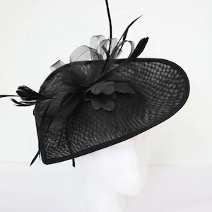 Black Kentucky Derby Fascinator Black Feathers Hatinator Wedding Guest Hat Black Bow Hat Large Black Fascinator Black Feathers Big Bow Hat