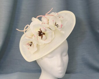 Ivory Fascinator Kentucky Derby Hat White Orchid Flowers Wedding Brigal Hat White Garden Party Fascinator Royal Ascot Large Teardrop Hat