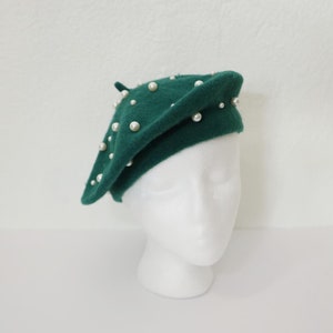 Women\'s Classic French Wool Beret Pearl & Rhinestone Embellishment Hat Green Taylor - Emerald Green Wool Beret Hat - Adult main image 4