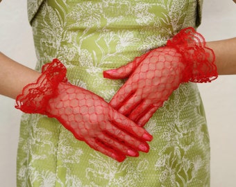 Red Lace Ruffle Gloves: Sheer Wrist Length Opera Short Gloves