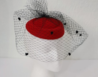 Vintage 1950s Red Feather Halo Hat with Mauve Veil Vintage 50s Pink Feather Halo Hat Velvet Cocktail Hat  main image 3