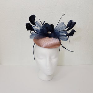 Navy Blue Kentucky Derby Fascinator Dark Blue Feathers Fascinator Wedding Guest Hat Blush Fascinator Honey Beige Hat Tea Party Peach Hat