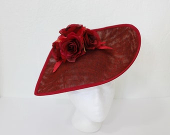 Burgundy Sinamay Kentucky Derby Hatinator: Red Flowers Wedding Guest Hat