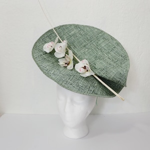 Sage Green Kentucky Derby Hat White Wedding Fascinator White Orchid Flower Hat Tea Party Royal Ascot Pale Green Fascinator Pastel Green Hat
