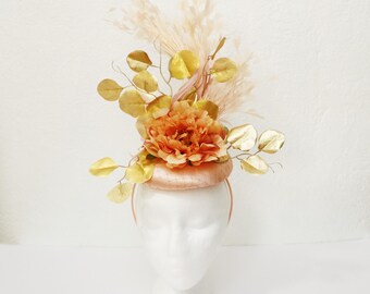 Golden And Honey Blush Fascinator Kentucky Derby Hat Light Pink Wedding Guest Hat Soft Peach Feathers Fascinator Tea Party Flower Church