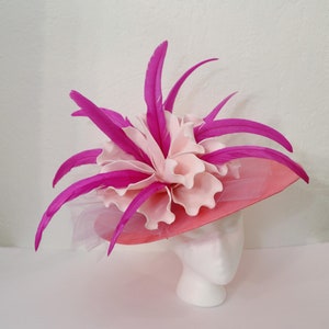 Pink Kentucky Derby Hat Hot Pink Wedding Guest Hat Fuchsia Feathers Garden Party Large Hat Light Pink Oversized Flower Hatinator Fascinator