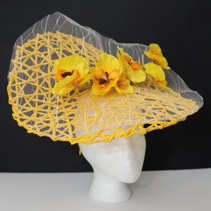 Yellow Hatinator Wedding Guest Party Orchid Flower Hat Garden Party White Veil Fascinator Church Yellow Hat Kentucky Derby Yellow Hat White