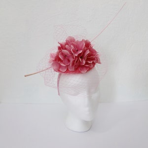 Pink Flower Fascinator Kentucky Derby Pink Hydrangea Hat Wedding Guest Hat Pink Veil Big Flower Fascinator Pink Feather Quill Church Hat