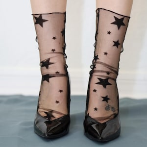 Black Tulle Socks Stars Pattern Socks Back Sheer High Socks Transparent Lace Socks Black Mesh Socks Cheer Tall Socks Lace Ankle Socks