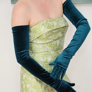 Dark Teal Velvet Gloves Extra Long Gloves Stretch 25.5&quot; Dark Green Opera Length Gloves Wedding Ball Prom Vintage Style Party Elegant Gloves