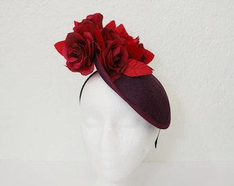 Burgundy Fascinator Red Kentucky Derby Hat Burgundy Roses Wedding Guest Hat Red Flowers Fascinator Eggplant Church Hat Dark Red Tea Party