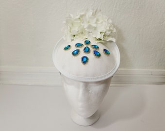 Big White Flower Fascinator For Kentucky Derby Teal Crystals Hat For Wedding White Hydrangea Flower Fascinator Turquoise Crystals Hat