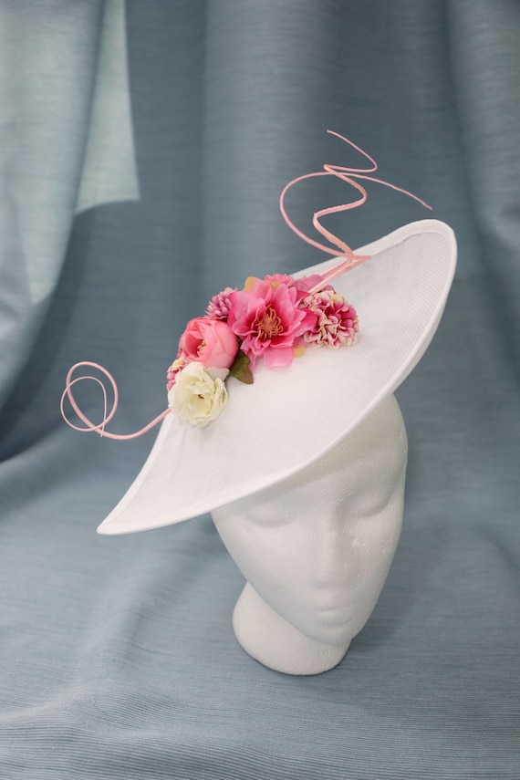 White Fascinator Kentucky Derby Hat Pink Flowers Wedding 