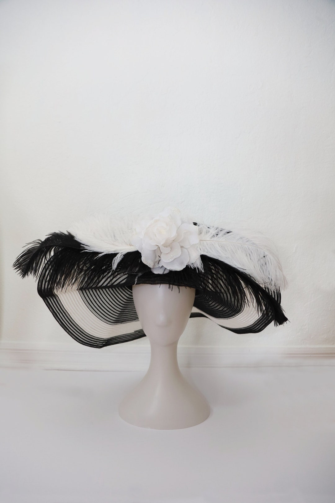 vintage-style black derby hat features a wide white lace trim and floral accents Vintage 50s Wide Brim Black Hat, Kentucky Derby Lacy Floral  main image 3