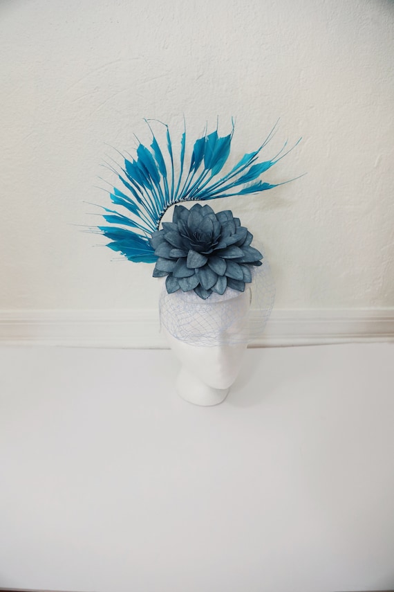 Denim Blue Flower Fascinator Kentucky Derby Blue Feathers  display picture 3