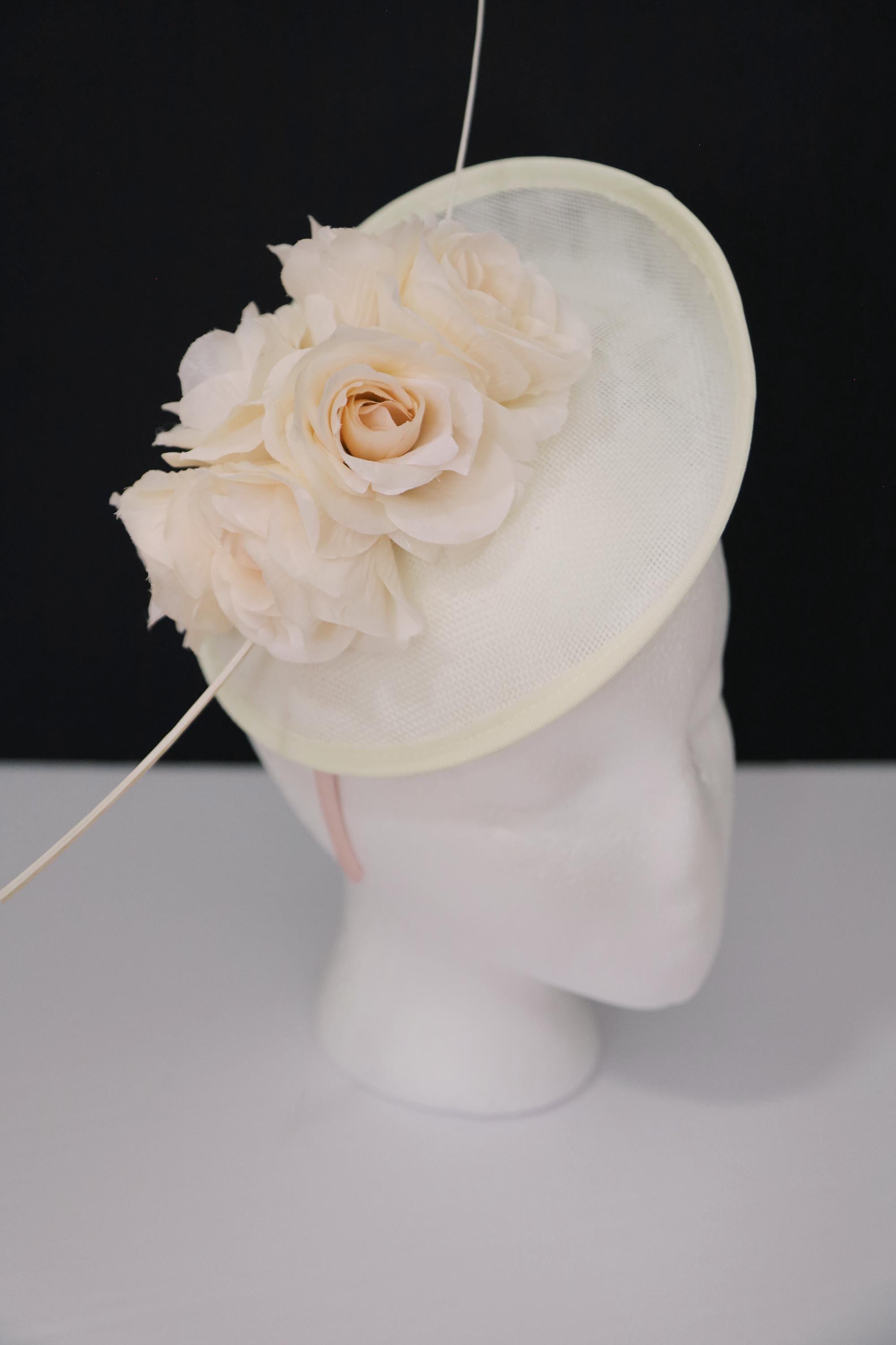 Kentucky Derby Fascinator Hat – Crinoline Flower Feather Fascinator Cream Ivory Navy Pink White Feather Derby Fascinator Hat, Big Kentucky  main image 3