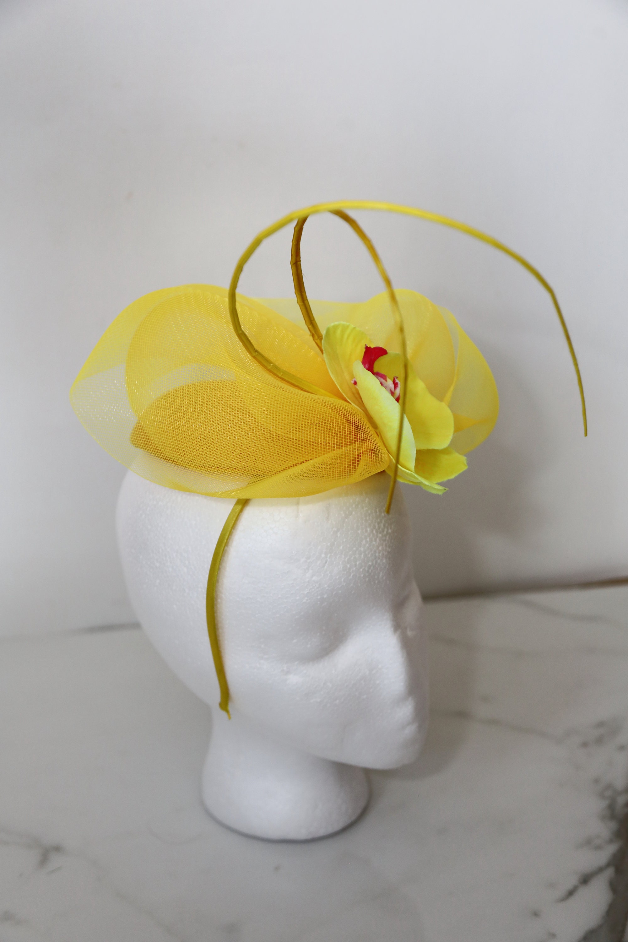Yellow Orchid Fascinator Kentucky Derby Mesh Hatinator  display picture 2