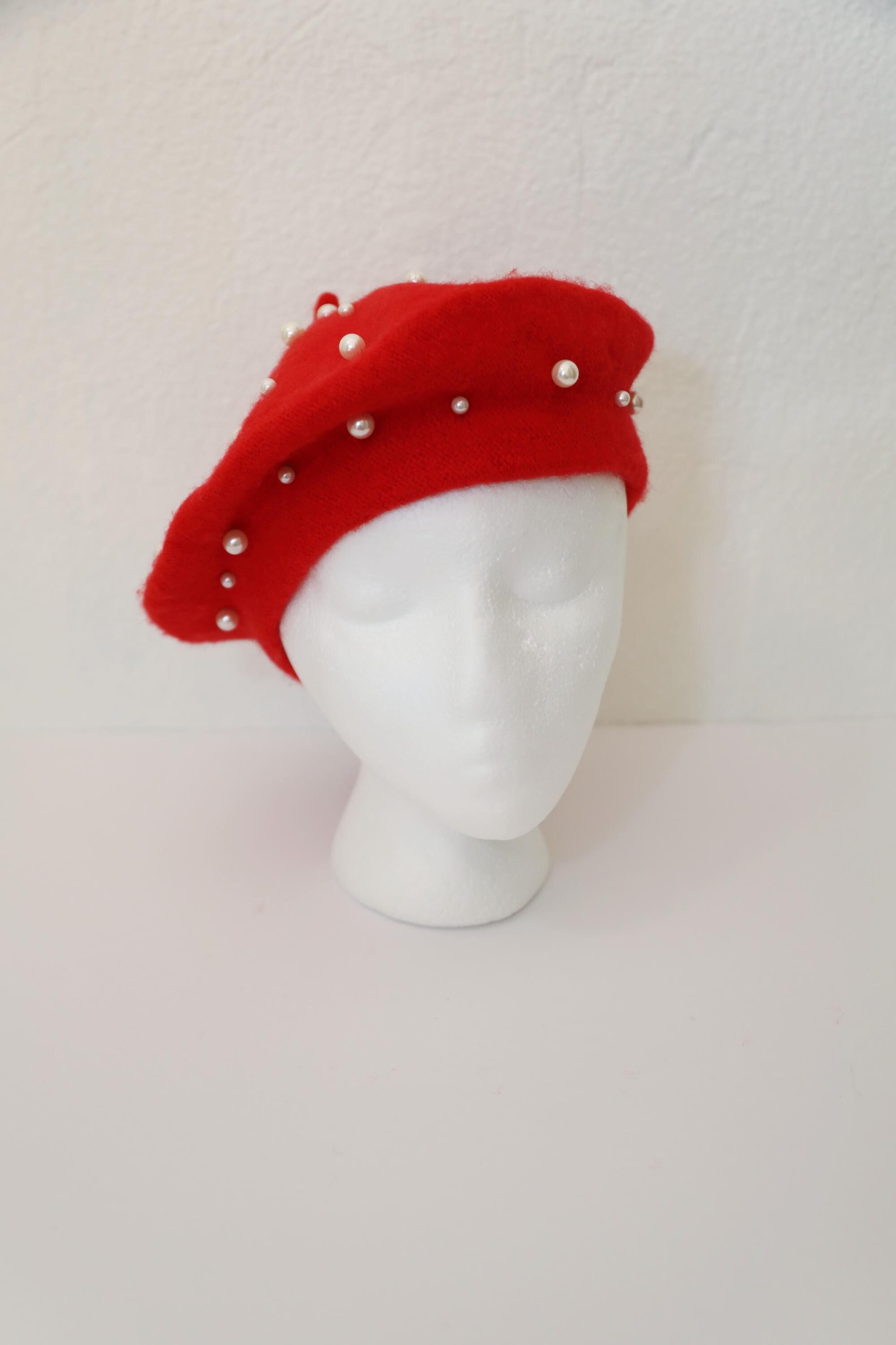 Red Beret With Pearls White Pearls Beret Perl Embellished 