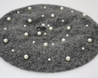 LOFT Gray Beret with White Pearl Beads Light Grey Beret With Pearls White Pearls Beret Perl  main image 2